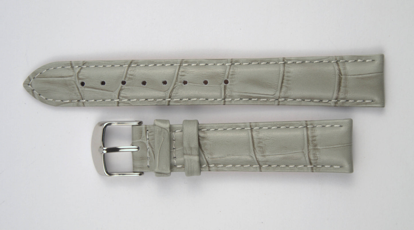 Lederuhrenarmband (Hellgrau) flach aufgelegt mit weißem Hintergrund. Detaillierte Nahaufnahme.