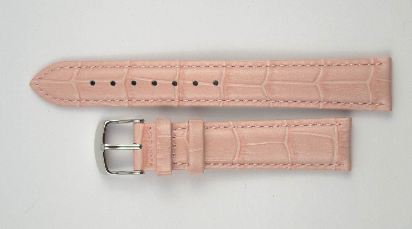 Lederuhrenarmband (Pink) flach aufgelegt mit weißem Hintergrund. Detaillierte Nahaufnahme.