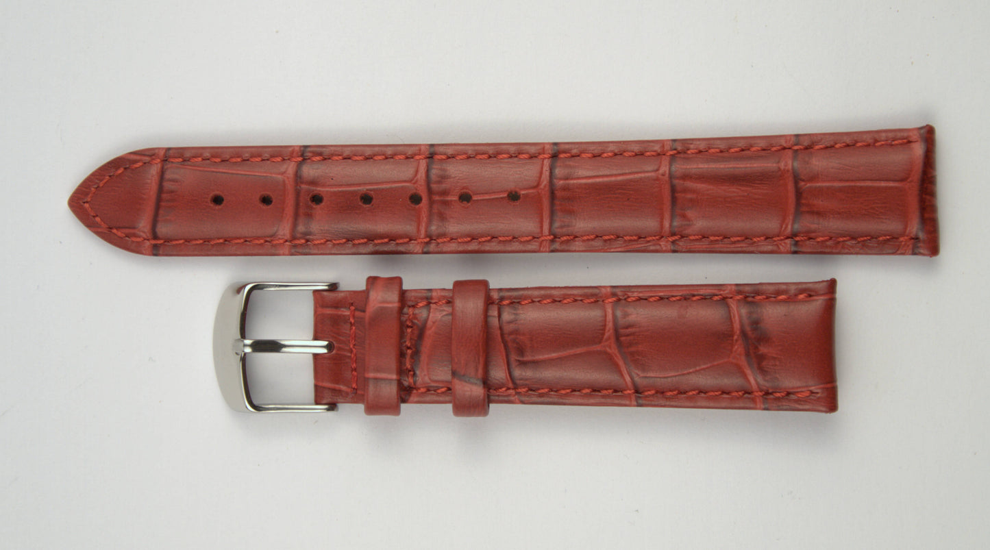 Lederuhrenarmband (Rot) flach aufgelegt mit weißem Hintergrund. Detaillierte Nahaufnahme.