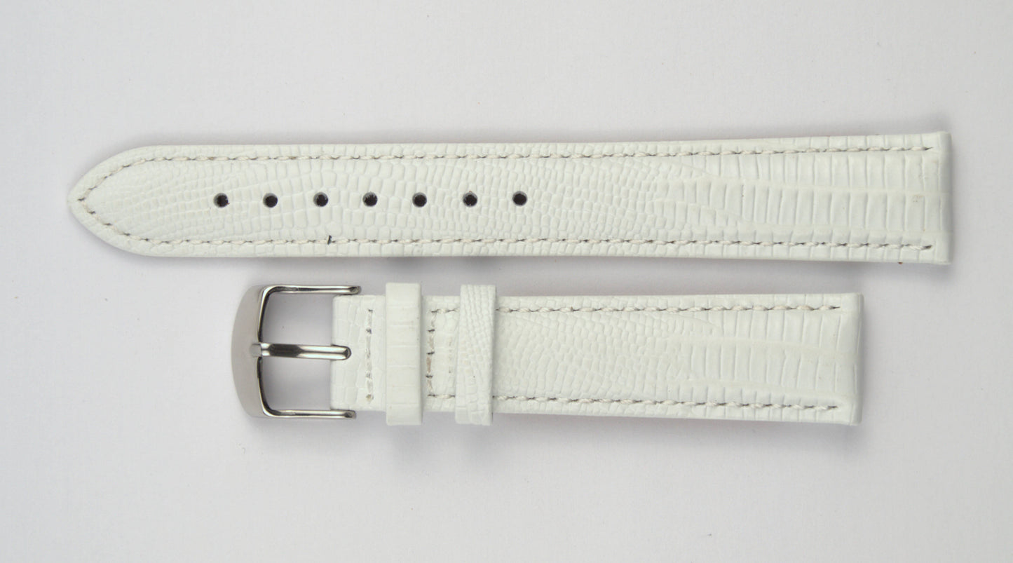 Lederuhrenarmband (Weiß) flach aufgelegt mit weißem Hintergrund. Detaillierte Nahaufnahme.