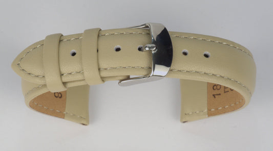 Lederuhrenarmband (Beige) zu einem Bogen geformt mit weißem Hintergrund. Detaillierte Nahaufnahme.