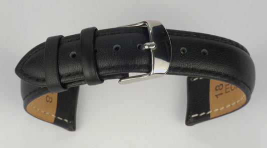 Lederuhrenarmband (Schwarz) zu einem Bogen geformt mit weißem Hintergrund. Detaillierte Nahaufnahme.