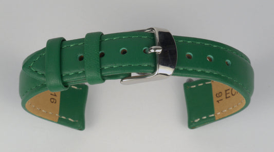 Lederuhrenarmband (Grün) zu einem Bogen geformt mit weißem Hintergrund. Detaillierte Nahaufnahme.