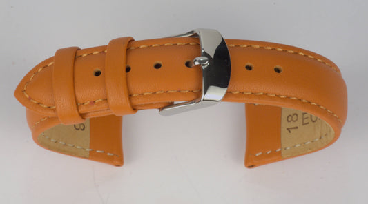 Lederuhrenarmband (Orange) zu einem Bogen geformt mit weißem Hintergrund. Detaillierte Nahaufnahme.