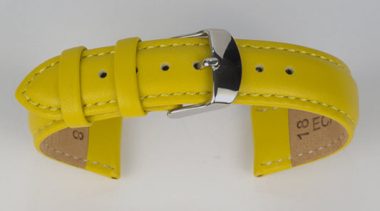 Lederuhrenarmband (Gelb) zu einem Bogen geformt mit weißem Hintergrund. Detaillierte Nahaufnahme.