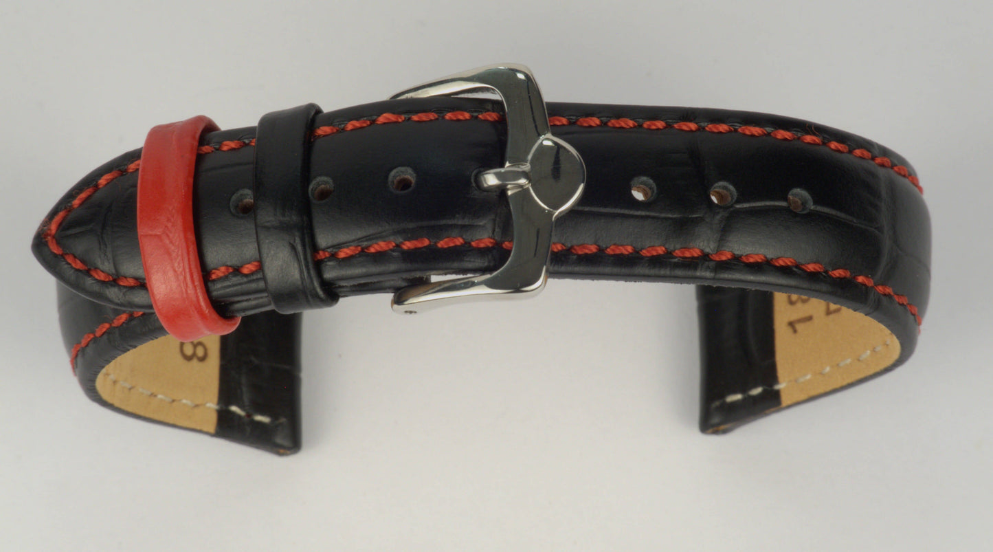 Lederuhrenarmband (Schwarz mit roter Naht) zu einem Bogen geformt mit weißem Hintergrund. Detaillierte Nahaufnahme.