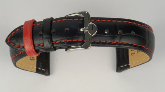 Lederuhrenarmband (Schwarz mit roter Naht) zu einem Bogen geformt mit weißem Hintergrund. Detaillierte Nahaufnahme.
