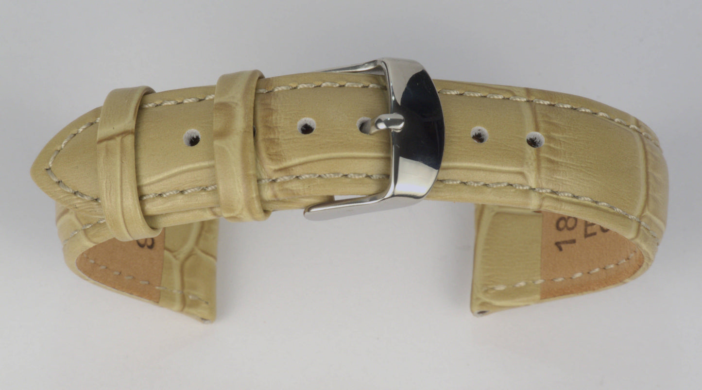 Lederuhrenarmband (Beige) zu einem Bogen geformt mit weißem Hintergrund. Detaillierte Nahaufnahme.