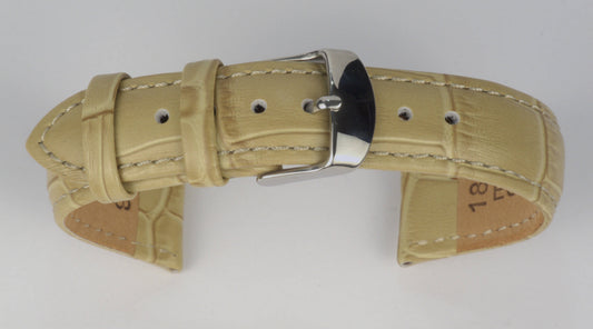 Lederuhrenarmband (Beige) zu einem Bogen geformt mit weißem Hintergrund. Detaillierte Nahaufnahme.