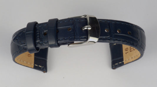 Lederuhrenarmband (Dunkelblau) zu einem Bogen geformt mit weißem Hintergrund. Detaillierte Nahaufnahme.