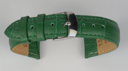 Lederuhrenarmband (Grün) zu einem Bogen geformt mit weißem Hintergrund. Detaillierte Nahaufnahme.