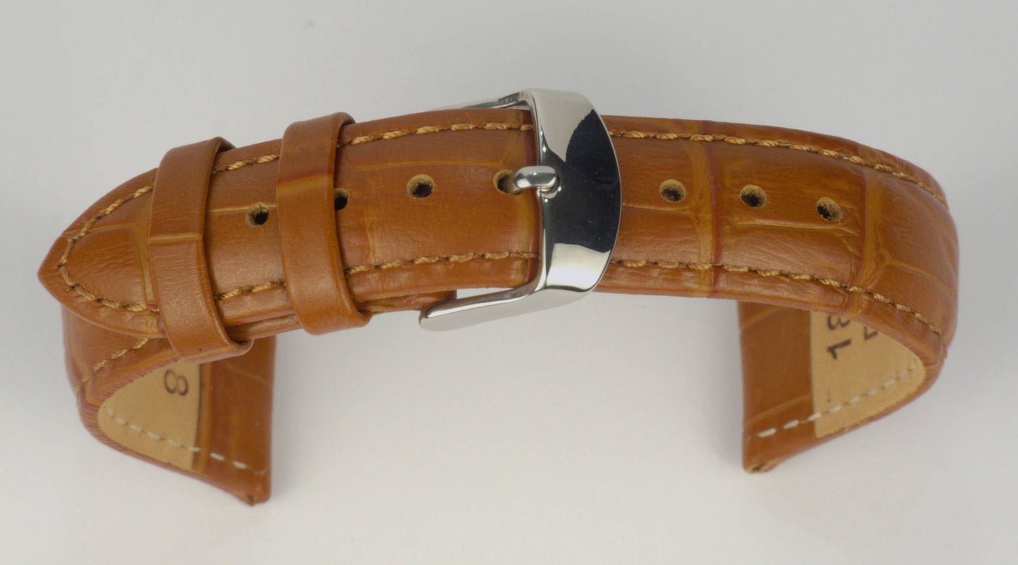 Lederuhrenarmband (Hellbraun) zu einem Bogen geformt mit weißem Hintergrund. Detaillierte Nahaufnahme.