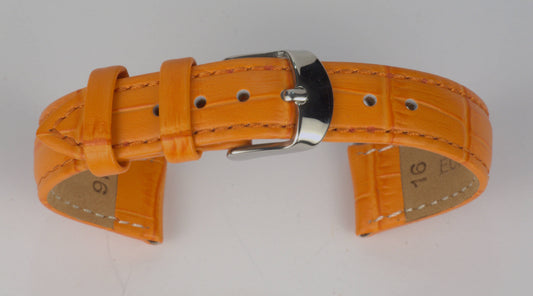Lederuhrenarmband (Orange) zu einem Bogen geformt mit weißem Hintergrund. Detaillierte Nahaufnahme.