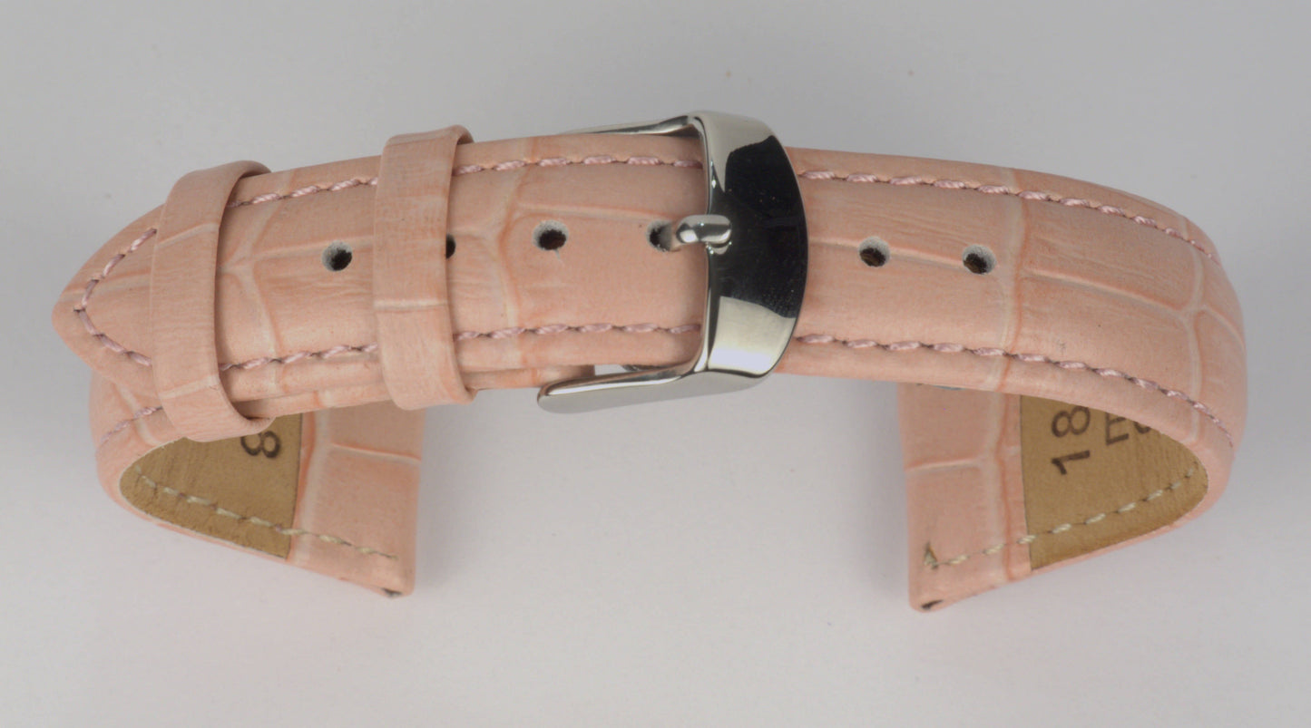 Lederuhrenarmband (Pink) zu einem Bogen geformt mit weißem Hintergrund. Detaillierte Nahaufnahme.