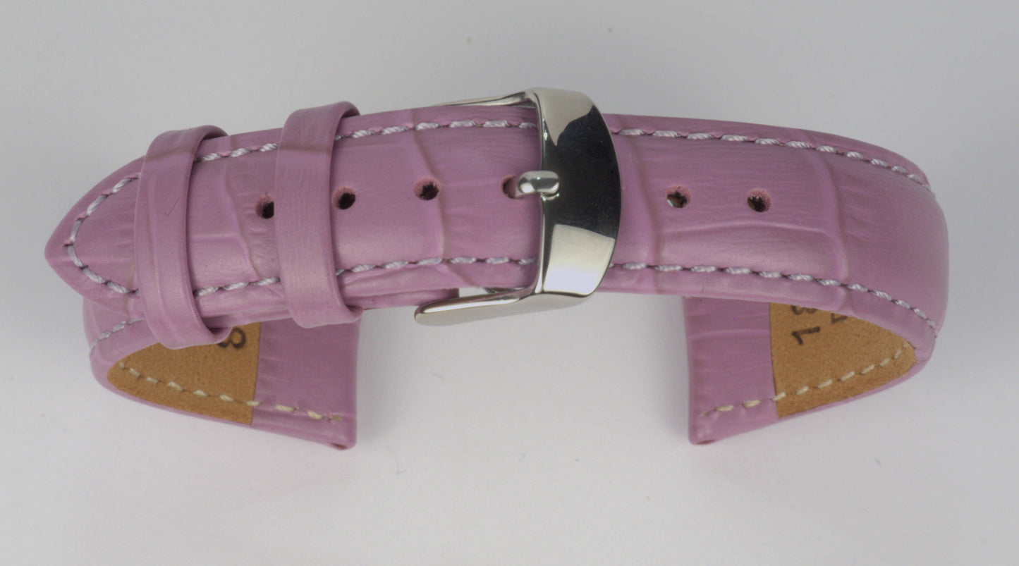 Lederuhrenarmband (Lila) zu einem Bogen geformt mit weißem Hintergrund. Detaillierte Nahaufnahme.