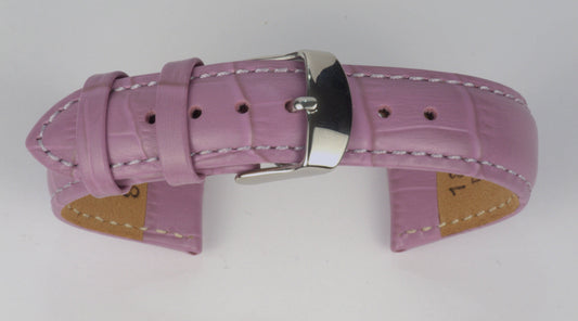 Lederuhrenarmband (Lila) zu einem Bogen geformt mit weißem Hintergrund. Detaillierte Nahaufnahme.