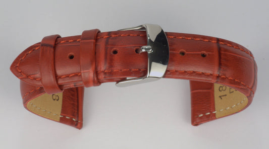 Lederuhrenarmband (Rot) zu einem Bogen geformt mit weißem Hintergrund. Detaillierte Nahaufnahme.