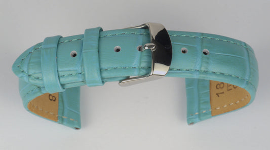 Lederuhrenarmband (Türkis) zu einem Bogen geformt mit weißem Hintergrund. Detaillierte Nahaufnahme.