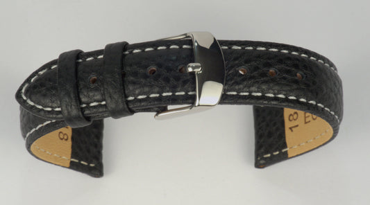 Lederuhrenarmband (Schwarz mit weißer Naht) zu einem Bogen geformt mit weißem Hintergrund. Detaillierte Nahaufnahme.