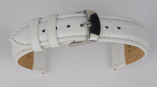 Lederuhrenarmband (Weiß) zu einem Bogen geformt mit weißem Hintergrund. Detaillierte Nahaufnahme.