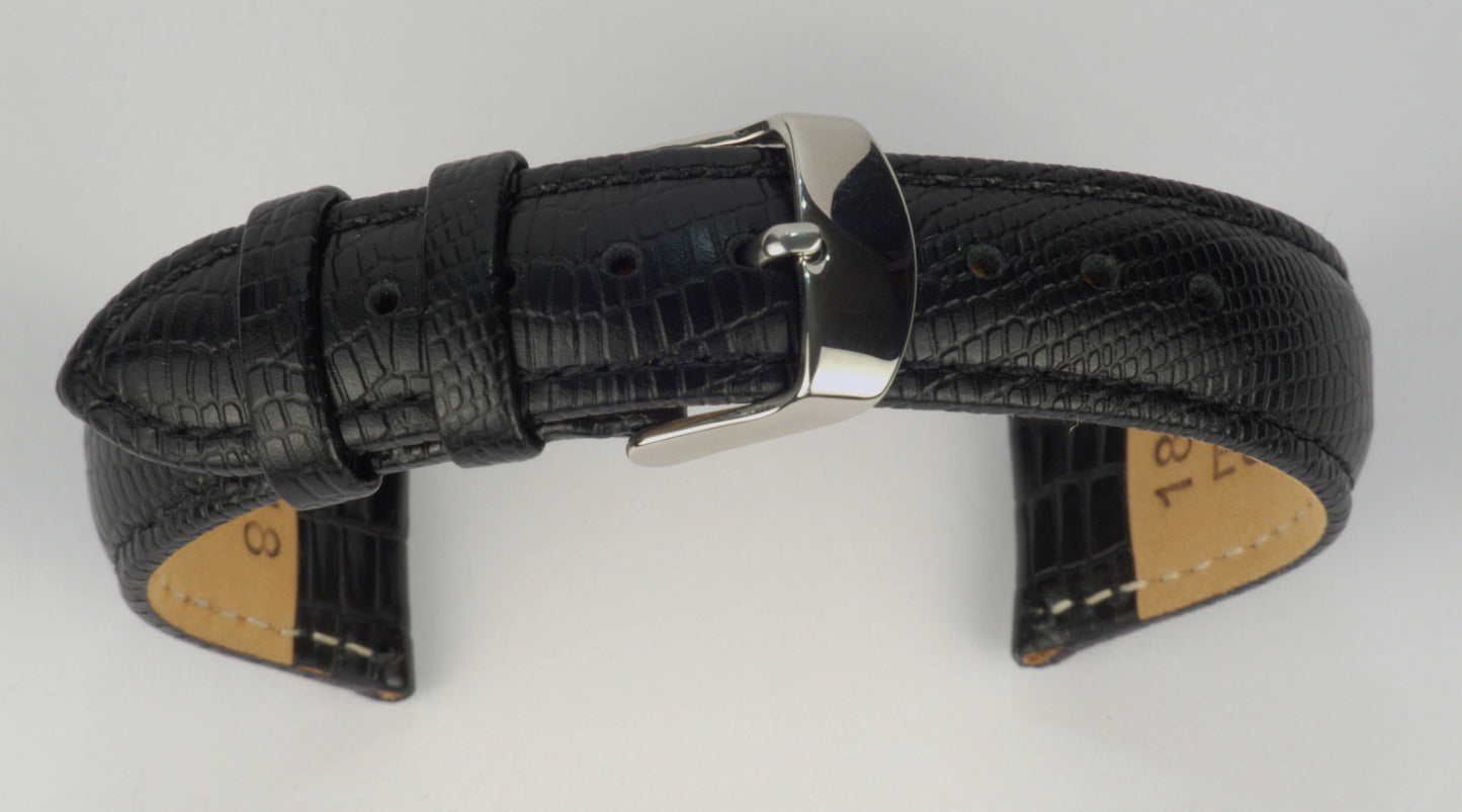 Lederuhrenarmband (Schwarz) zu einem Bogen geformt mit weißem Hintergrund. Detaillierte Nahaufnahme.