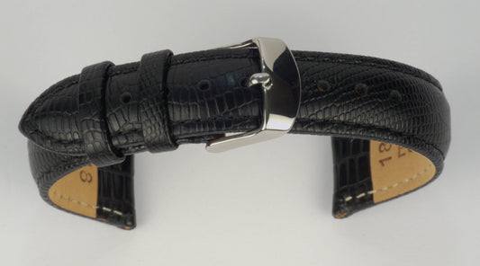 Lederuhrenarmband (Schwarz) zu einem Bogen geformt mit weißem Hintergrund. Detaillierte Nahaufnahme.