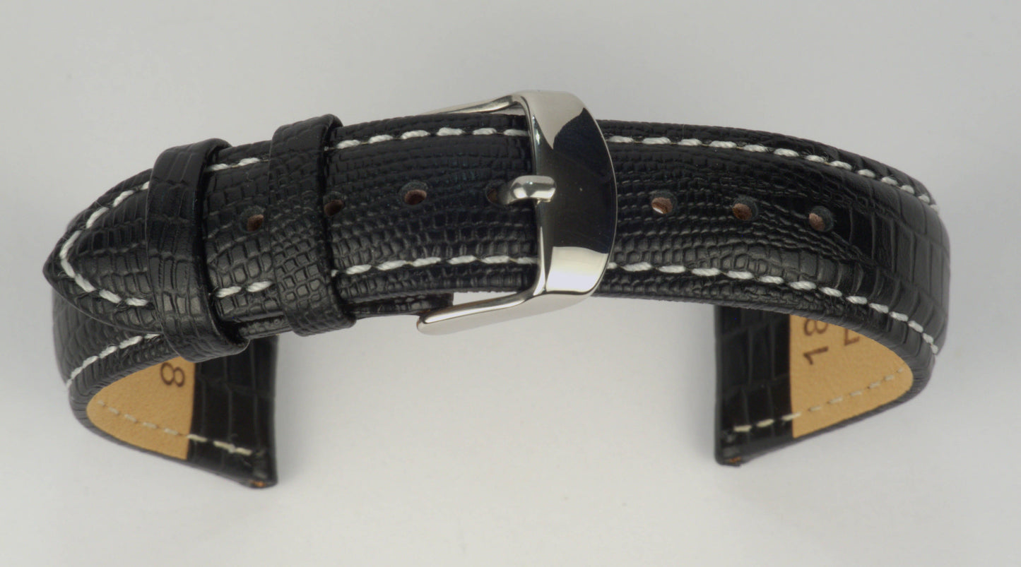 Lederuhrenarmband (Schwarz mit weißer Naht) zu einem Bogen geformt mit weißem Hintergrund. Detaillierte Nahaufnahme.