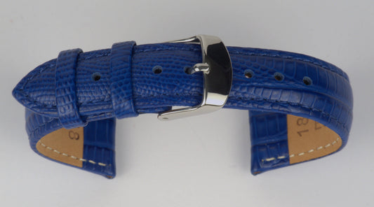 Lederuhrenarmband (Blau) zu einem Bogen geformt mit weißem Hintergrund. Detaillierte Nahaufnahme.
