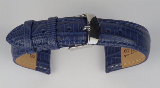 Lederuhrenarmband (Dunkelblau) zu einem Bogen geformt mit weißem Hintergrund. Detaillierte Nahaufnahme.