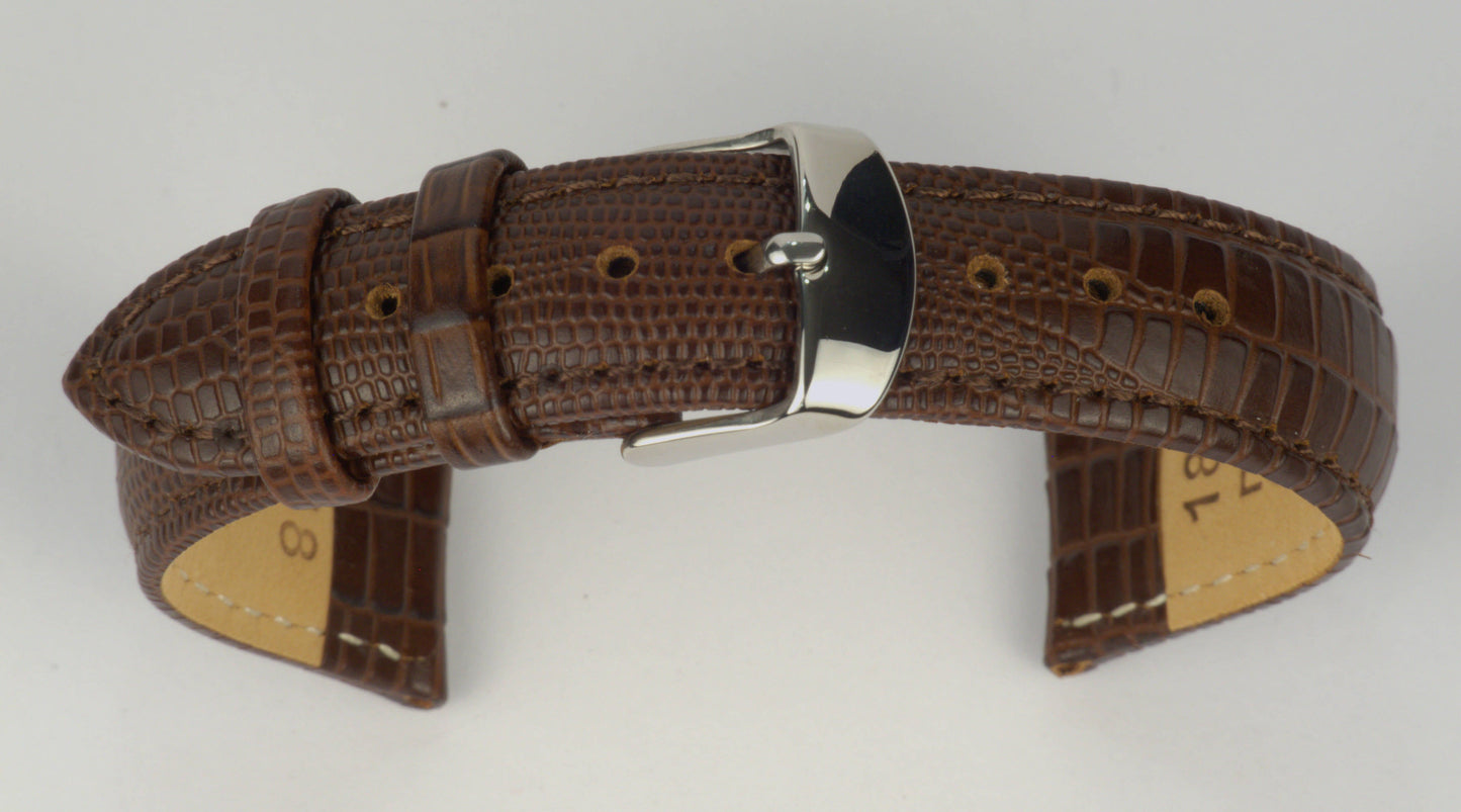 Lederuhrenarmband (Dunkelbraun) zu einem Bogen geformt mit weißem Hintergrund. Detaillierte Nahaufnahme.