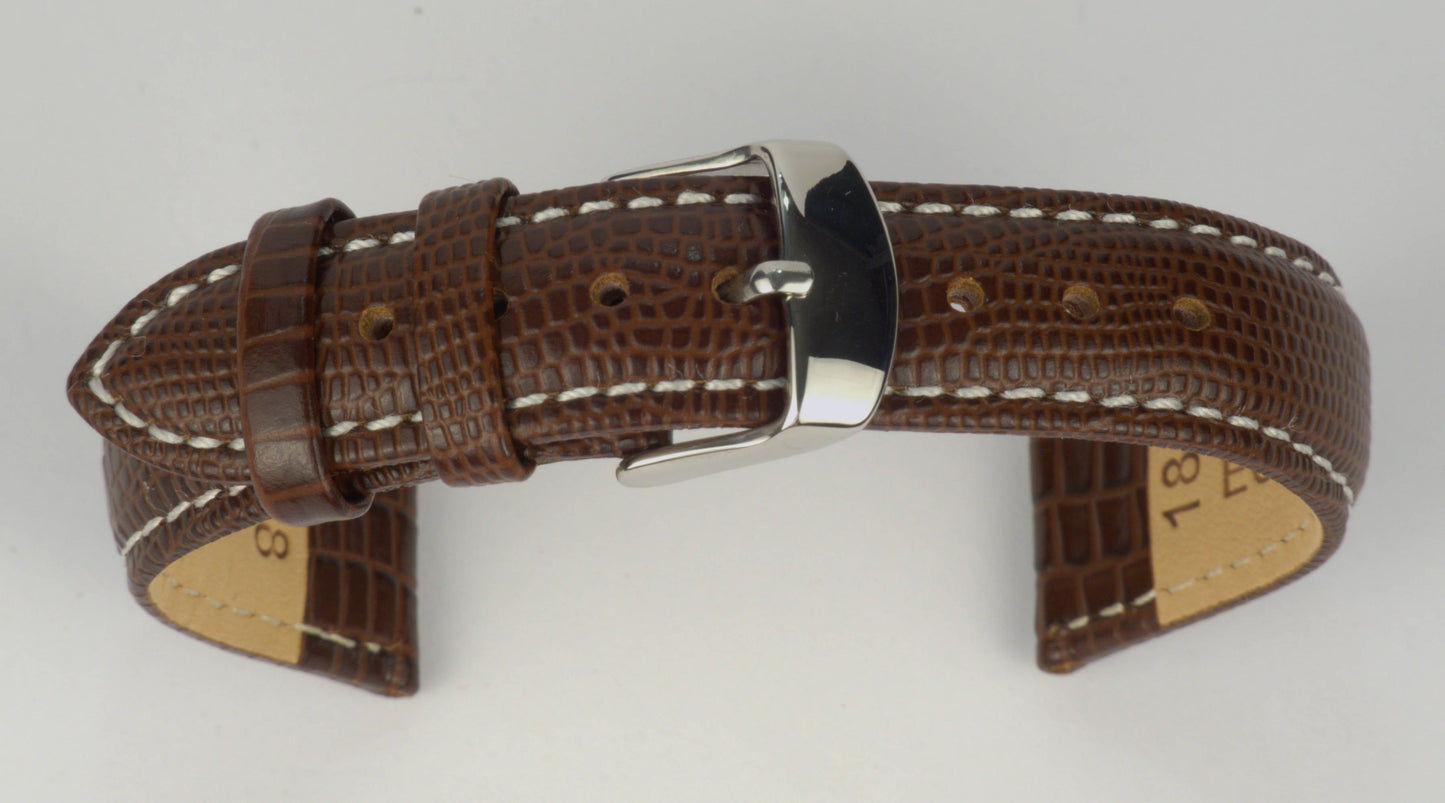 Lederuhrenarmband (Dunkelbraun mit weißer Naht) zu einem Bogen geformt mit weißem Hintergrund. Detaillierte Nahaufnahme.