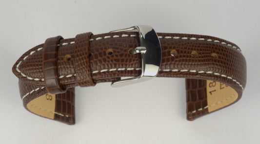 Lederuhrenarmband (Dunkelbraun mit weißer Naht) zu einem Bogen geformt mit weißem Hintergrund. Detaillierte Nahaufnahme.