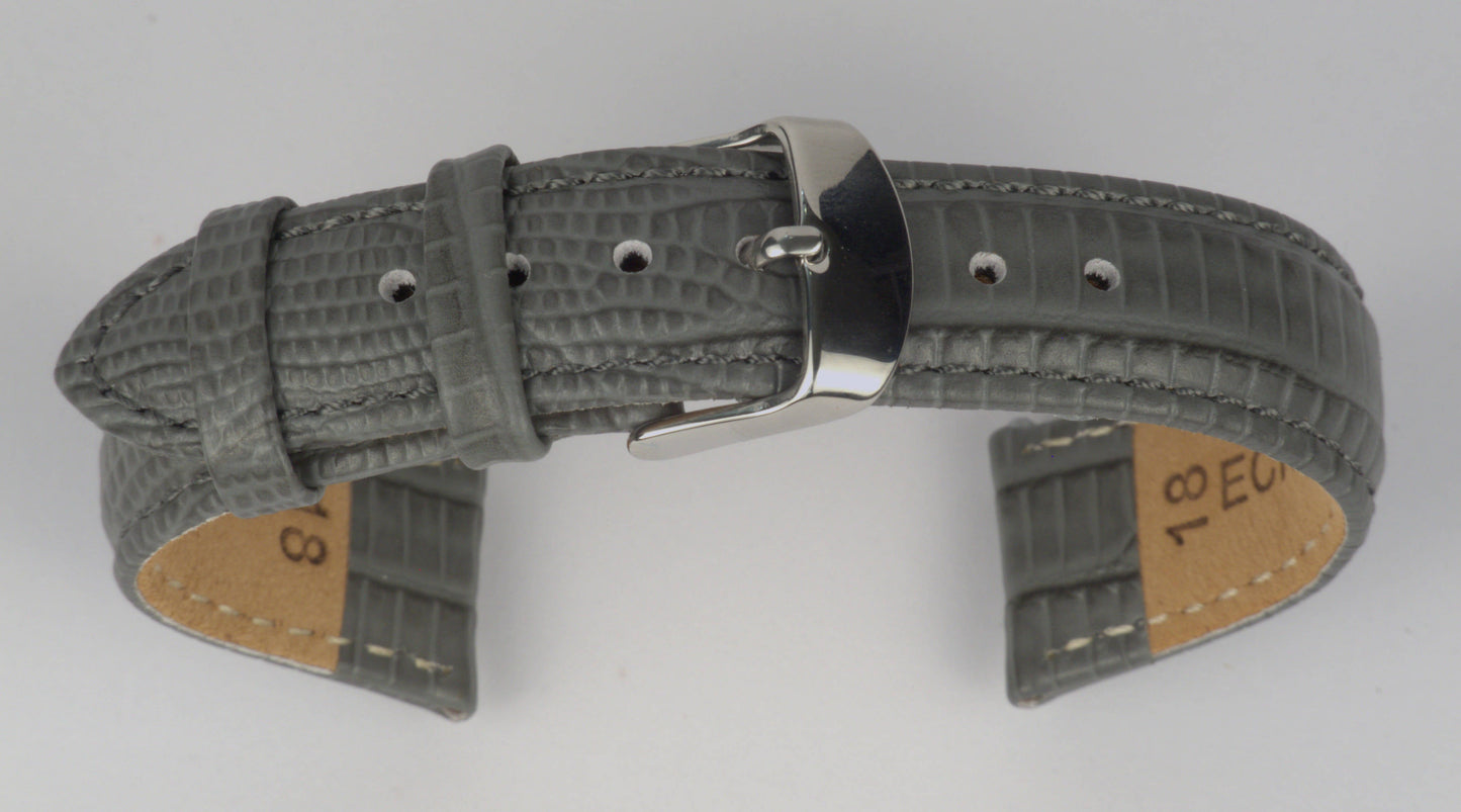 Lederuhrenarmband (Dunkelgrau) zu einem Bogen geformt mit weißem Hintergrund. Detaillierte Nahaufnahme.