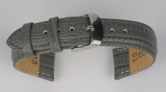 Lederuhrenarmband (Dunkelgrau) zu einem Bogen geformt mit weißem Hintergrund. Detaillierte Nahaufnahme.