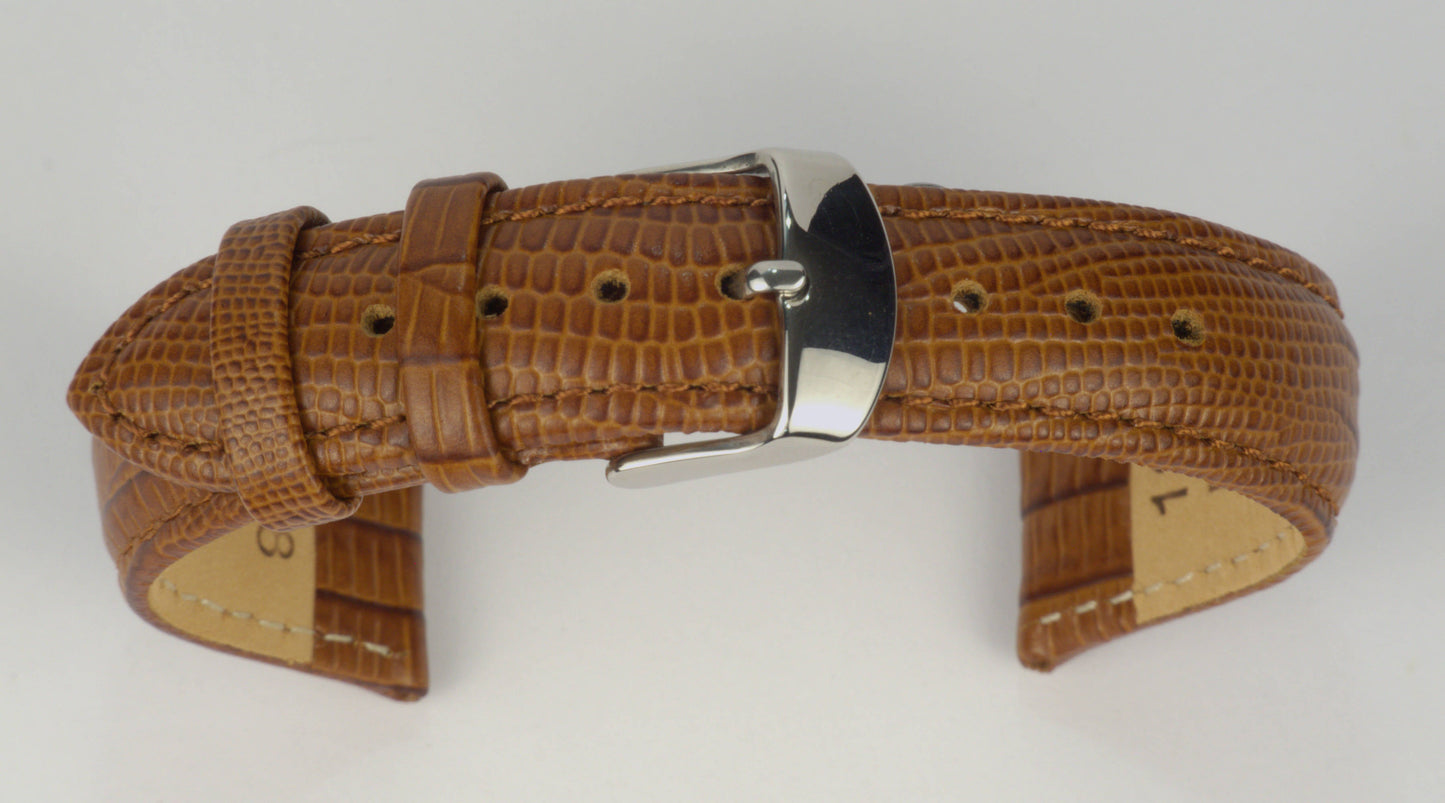 Lederuhrenarmband (Hellbraun) zu einem Bogen geformt mit weißem Hintergrund. Detaillierte Nahaufnahme.