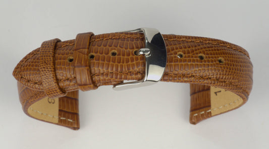 Lederuhrenarmband (Hellbraun) zu einem Bogen geformt mit weißem Hintergrund. Detaillierte Nahaufnahme.