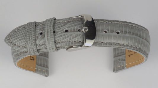 Lederuhrenarmband (Hellgrau) zu einem Bogen geformt mit weißem Hintergrund. Detaillierte Nahaufnahme.