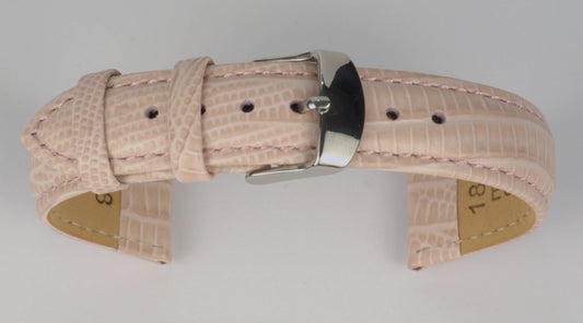 Lederuhrenarmband (Pink) zu einem Bogen geformt mit weißem Hintergrund. Detaillierte Nahaufnahme.