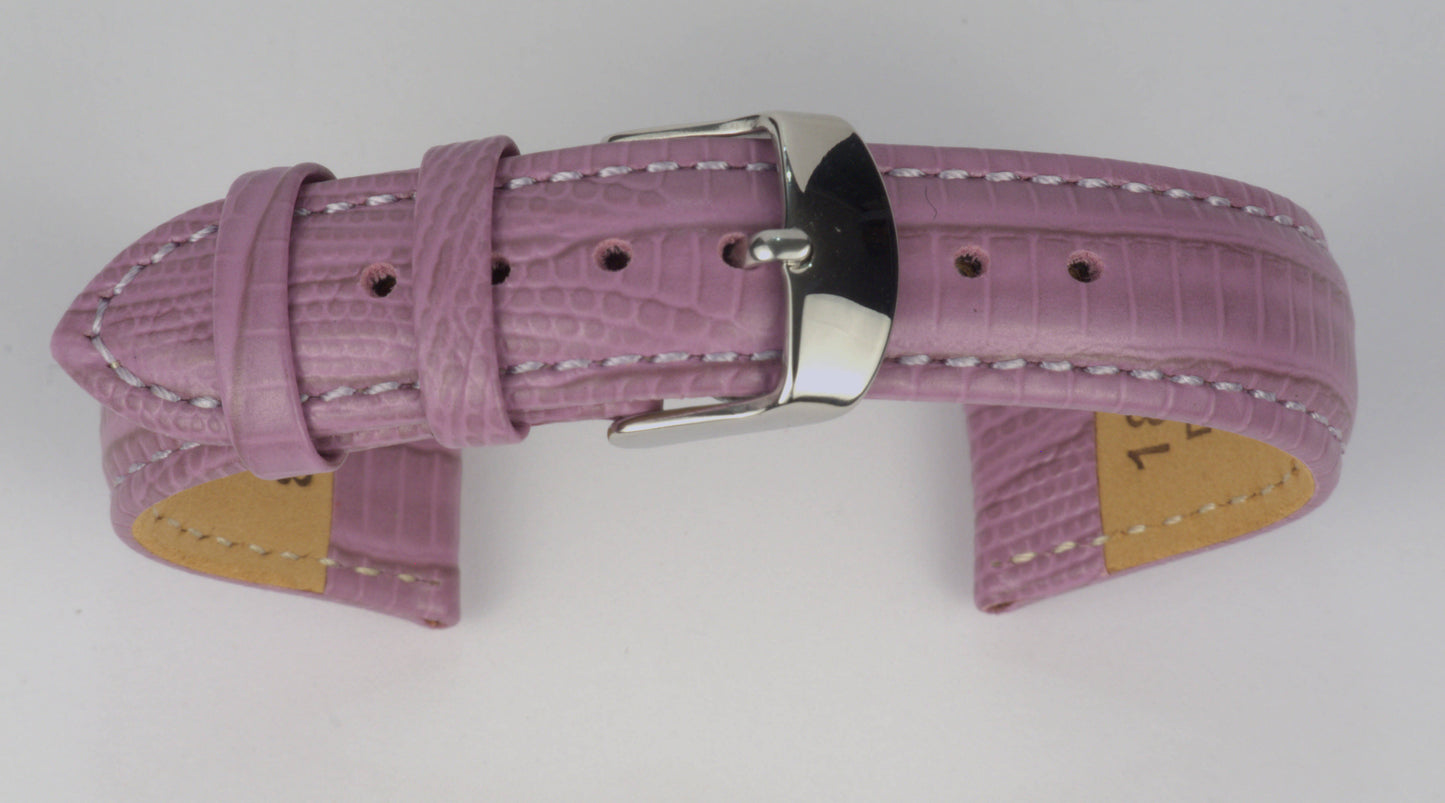 Lederuhrenarmband (Lila) zu einem Bogen geformt mit weißem Hintergrund. Detaillierte Nahaufnahme.