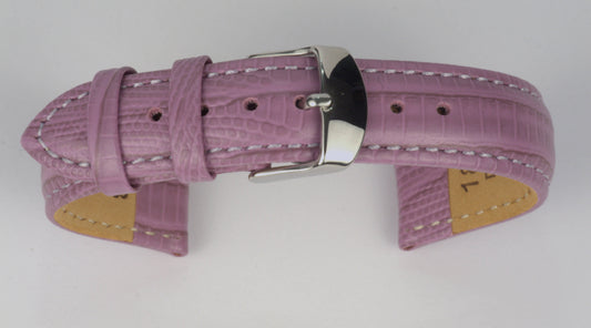 Lederuhrenarmband (Lila) zu einem Bogen geformt mit weißem Hintergrund. Detaillierte Nahaufnahme.