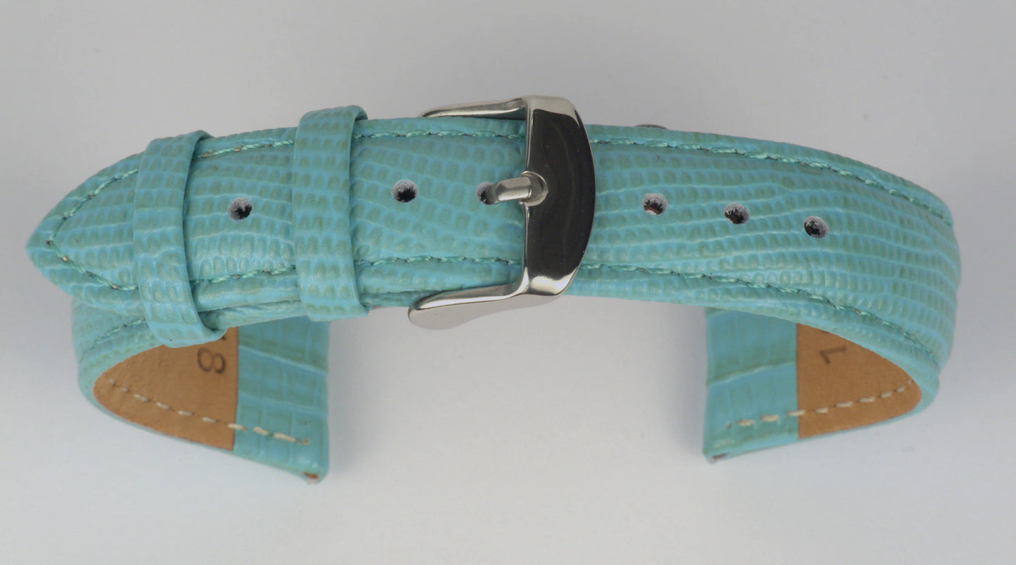 Lederuhrenarmband (Türkis) zu einem Bogen geformt mit weißem Hintergrund. Detaillierte Nahaufnahme.