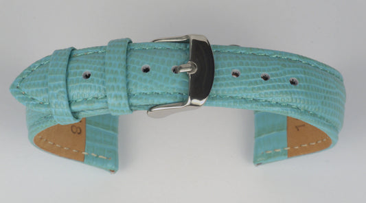 Lederuhrenarmband (Türkis) zu einem Bogen geformt mit weißem Hintergrund. Detaillierte Nahaufnahme.