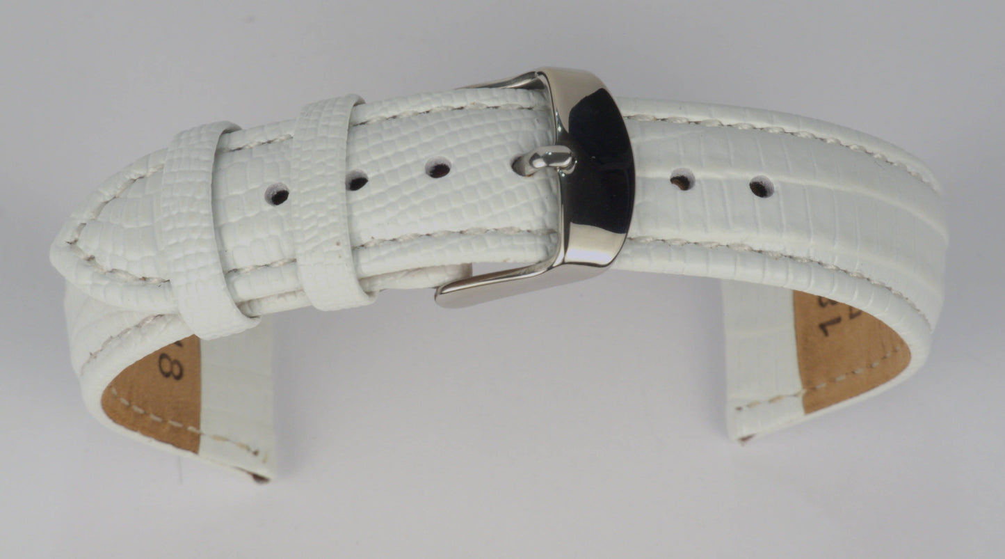 Lederuhrenarmband (Weiß) zu einem Bogen geformt mit weißem Hintergrund. Detaillierte Nahaufnahme.