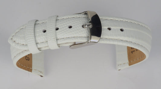 Lederuhrenarmband (Weiß) zu einem Bogen geformt mit weißem Hintergrund. Detaillierte Nahaufnahme.