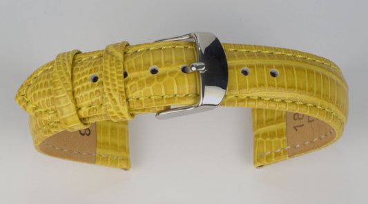 Lederuhrenarmband (Gelb) zu einem Bogen geformt mit weißem Hintergrund. Detaillierte Nahaufnahme.