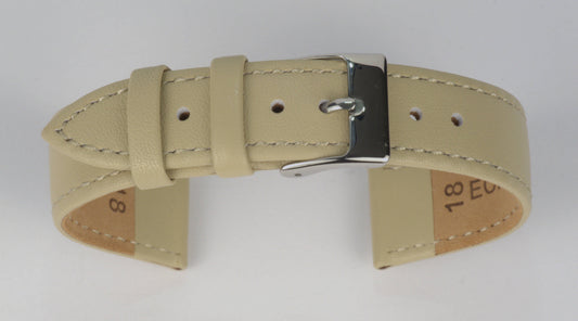Lederuhrenarmband (Beige) zu einem Bogen geformt mit weißem Hintergrund. Detaillierte Nahaufnahme.