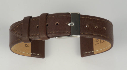 Lederuhrenarmband (Dunkelbraun) zu einem Bogen geformt mit weißem Hintergrund. Detaillierte Nahaufnahme.