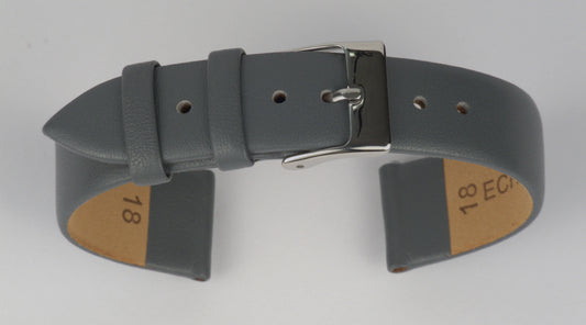 Lederuhrenarmband (Dunkelgrau) zu einem Bogen geformt mit weißem Hintergrund. Detaillierte Nahaufnahme.