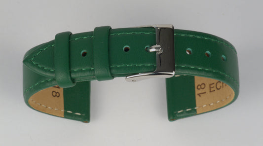 Lederuhrenarmband (Grün) zu einem Bogen geformt mit weißem Hintergrund. Detaillierte Nahaufnahme.