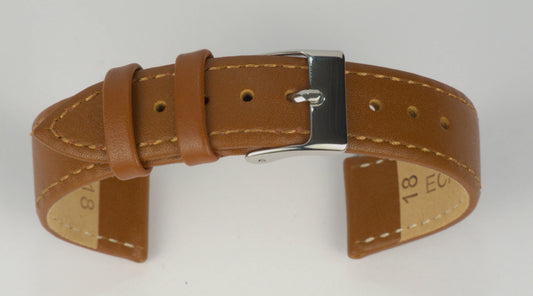 Lederuhrenarmband (Hellbraun) zu einem Bogen geformt mit weißem Hintergrund. Detaillierte Nahaufnahme.